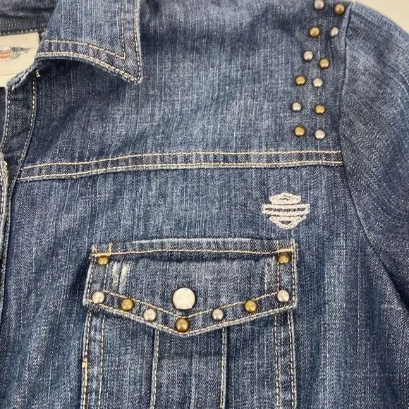 Harley Davidson Womens S Pearl Snap Close Studded  Denim Jean Shirt Roll Tab  Bl - Picture 6 of 12